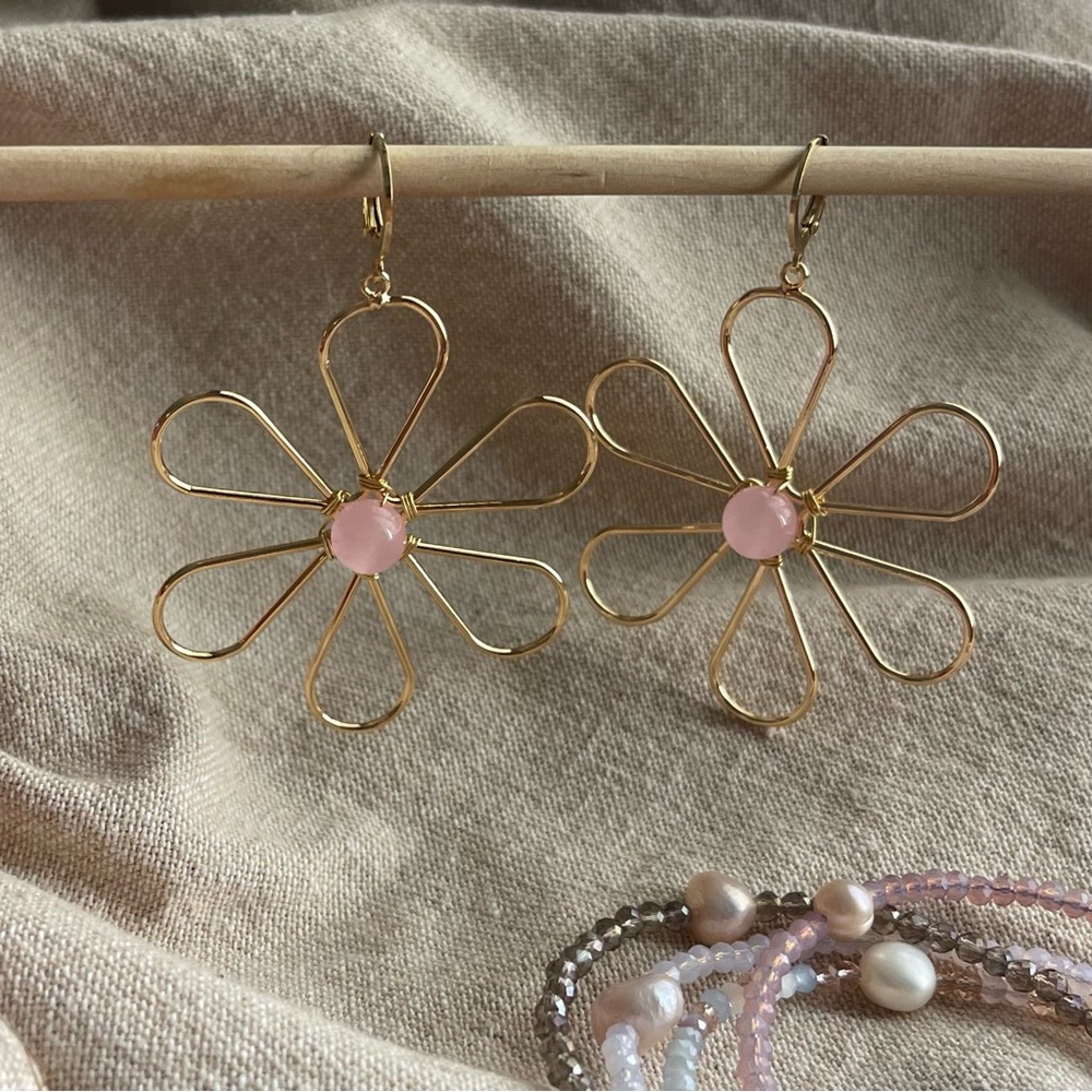 Gold and Pink Flower Earrings
